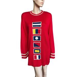 Vintage Liz Claiborne Knit Tunic Sweater Size Large Oversize Red w/ Gold Flags